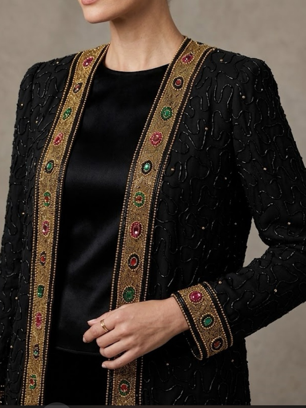 Vintage Lawrence Kazar Beaded Jewel Trim Silk Jacket L Black Gold Evening Formal